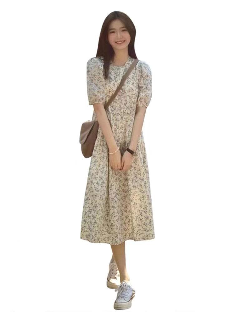 New summer women's clothing coffee break Platycodon French floral dress women's spring chic long skirt
