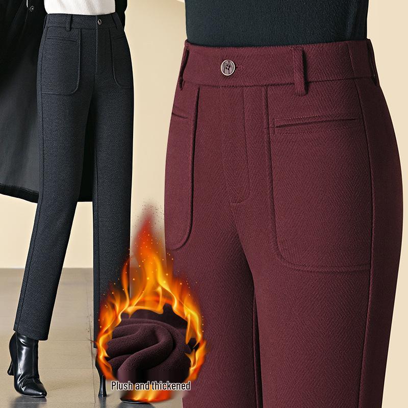 High-Waisted Angora Wool-Blend Straight-Leg Pants - Red, Thickened for Winter 2024