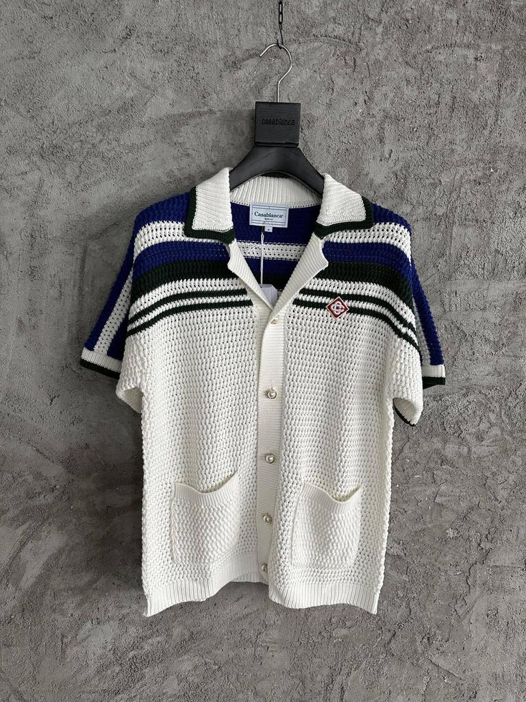 Skladem CASABLANCA Modrý pruhovaný Ručně pletený Svetr Cardigan z Čisté Bavlny