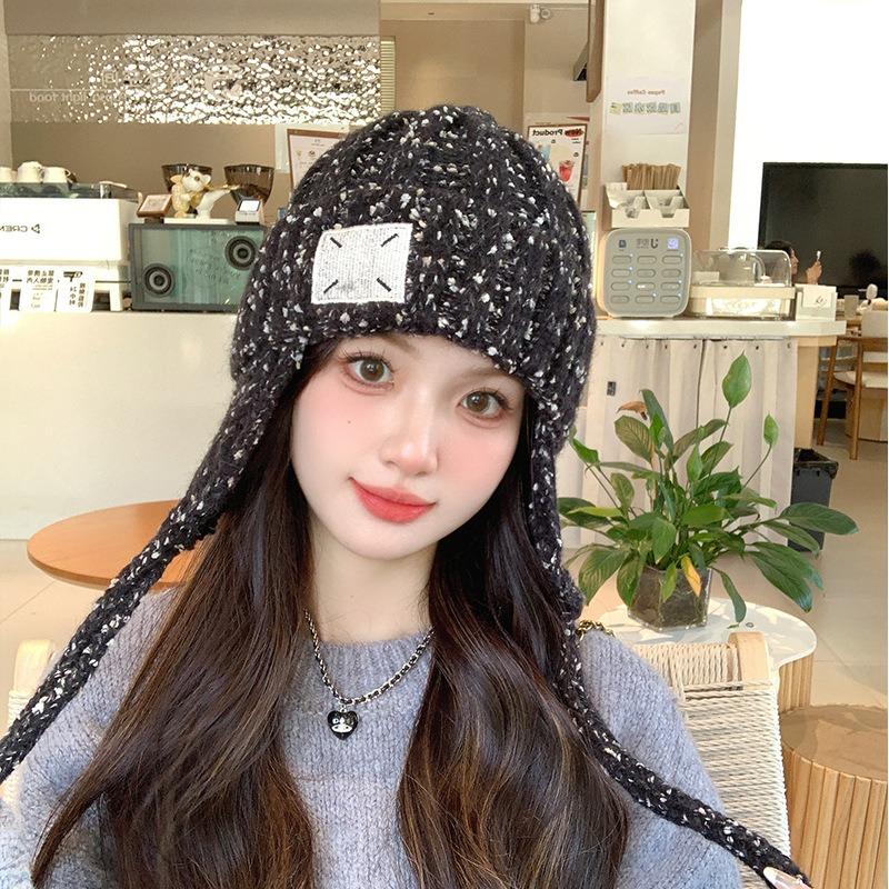 Cloth label wool hat women's winter thickened warm ear protection fashionable versatile cold-proof face small knitted hat