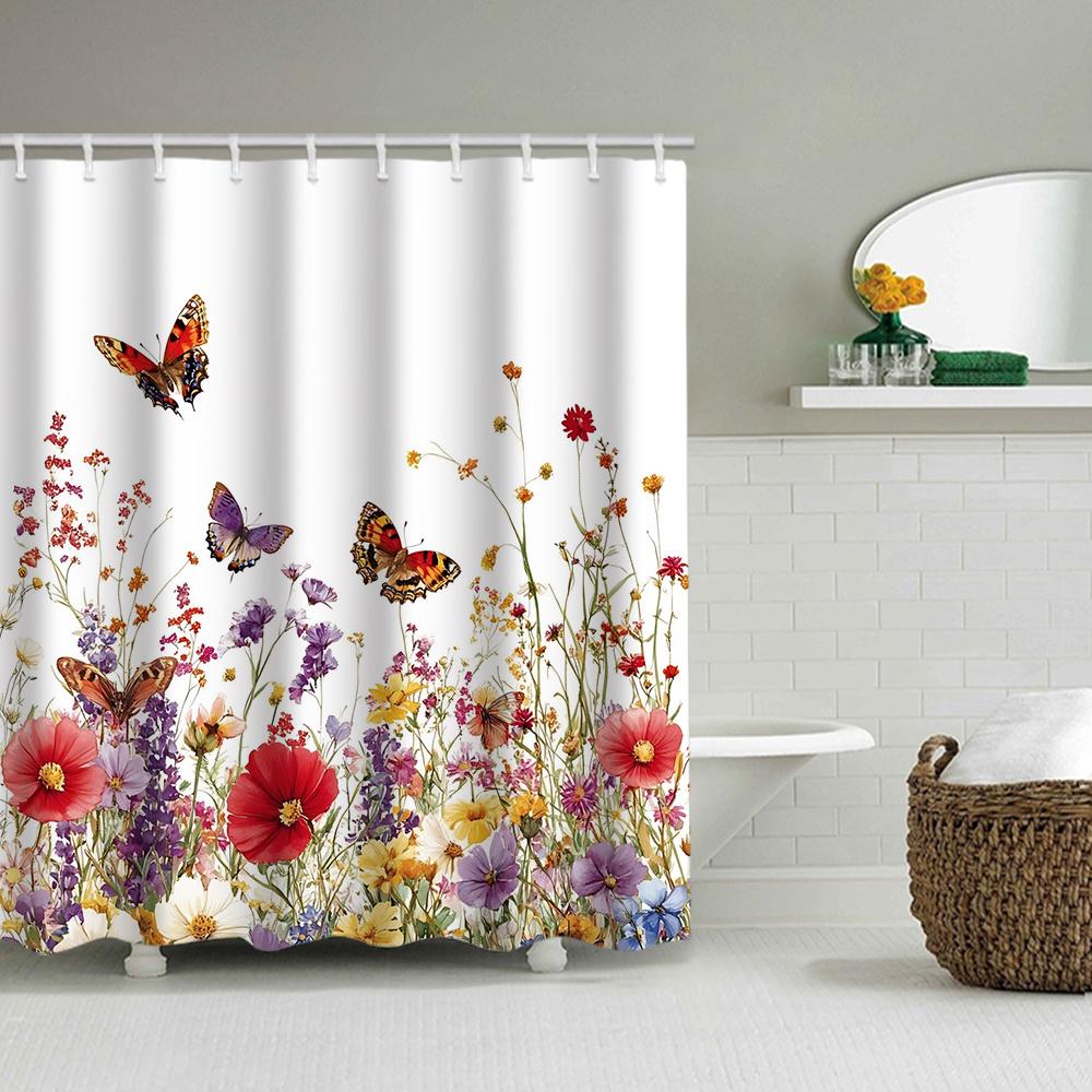 1/4 Flowers and Plants Print Shower Curtains, Toilet Seat Decoration, Shower Curtain with Carpet and Toilet Lid, 70.8x70.8 Inch