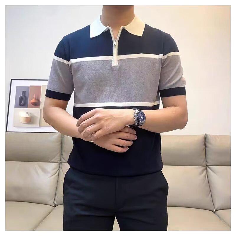 

2025 Мужская летняя деловая футболка-поло из ледяного шелка с цветными блоками, модная, для зрелых мужчин, с коротким рукавом M чёрный