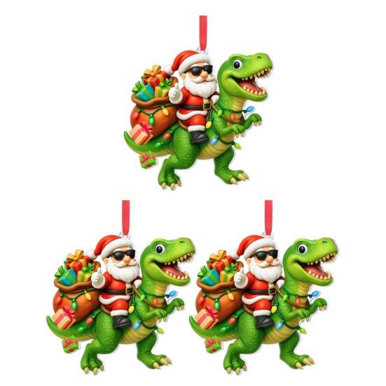 Santa Riding Dinosaur Ornament Funny Santa Claus Acrylic Hanging Decoration Novelty Dino Christmas Tree Ornament for Kids Boys Men