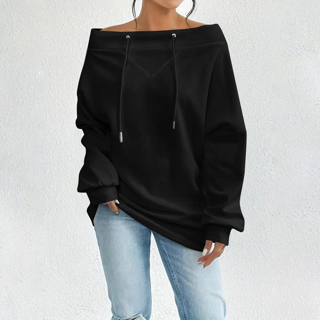 Women's Loose Casual Through Drawstring Off-the-shoulder Line Neck Top