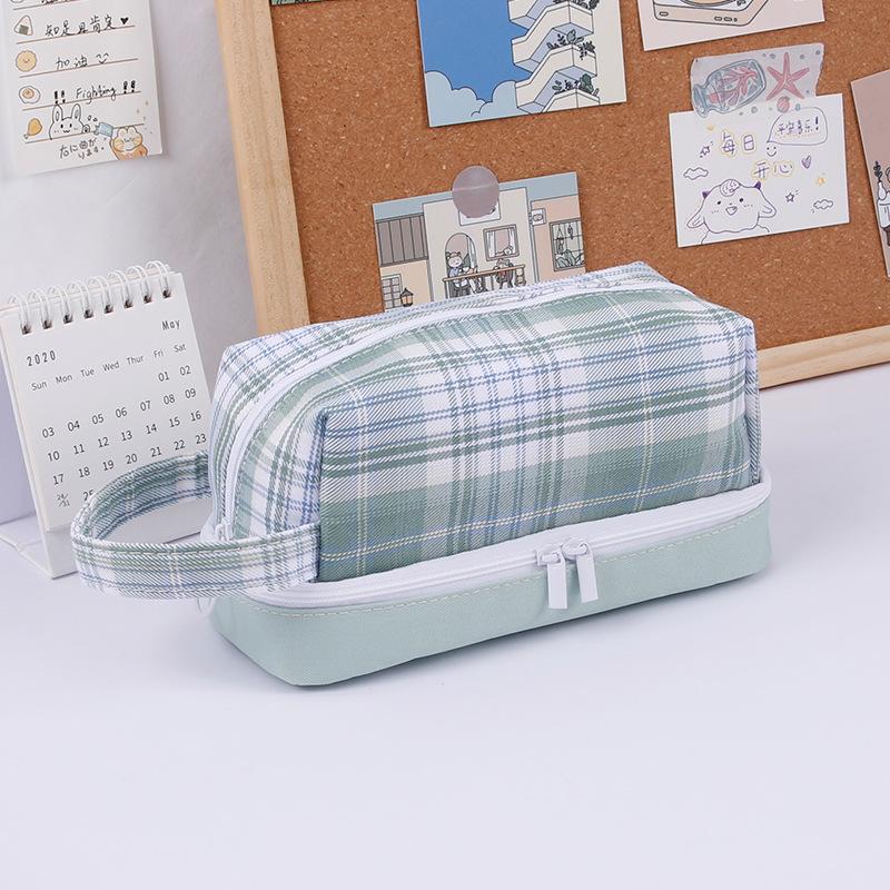 Large-capacity Double-layer Pencil Case Japanese Canvas Student Girl Heart Lattice Plaid Pencil Case Cute Bow Gifts for Girls