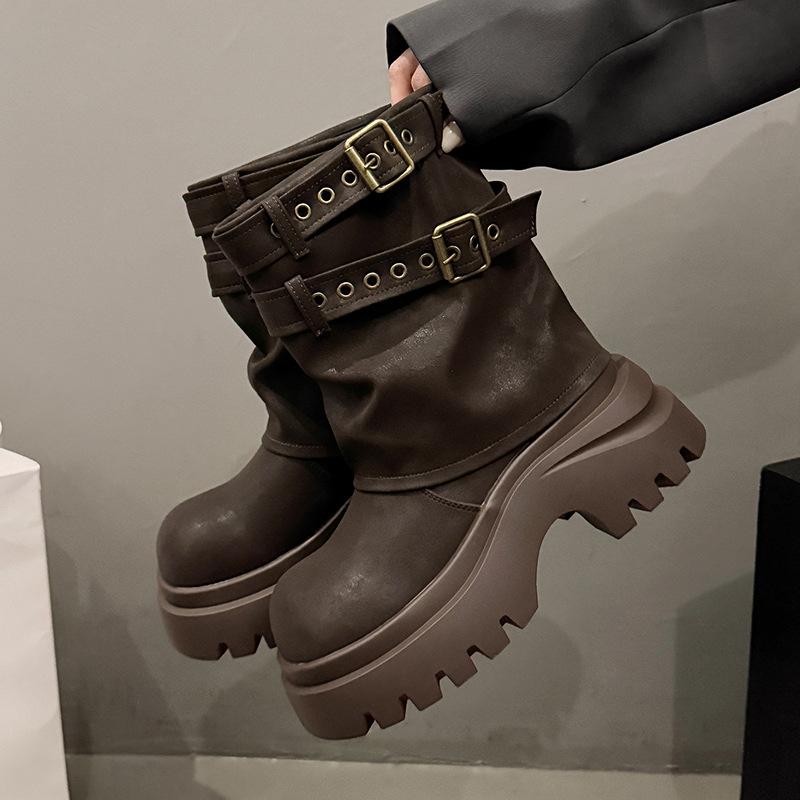 Maillard mid-tube cowboy knight boots women's 2025 autumn new small thick-soled heightened trousers Martin boots