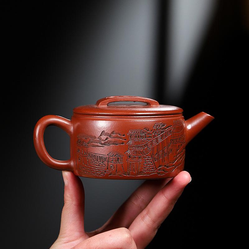 200ml klasické fialové hliněné konvice z Yixingu, ručně vyřezávané, městská brána, velký ráže, hrnec, surová ruda, bahenní konvice Dahongpao, čajová sada Zisha