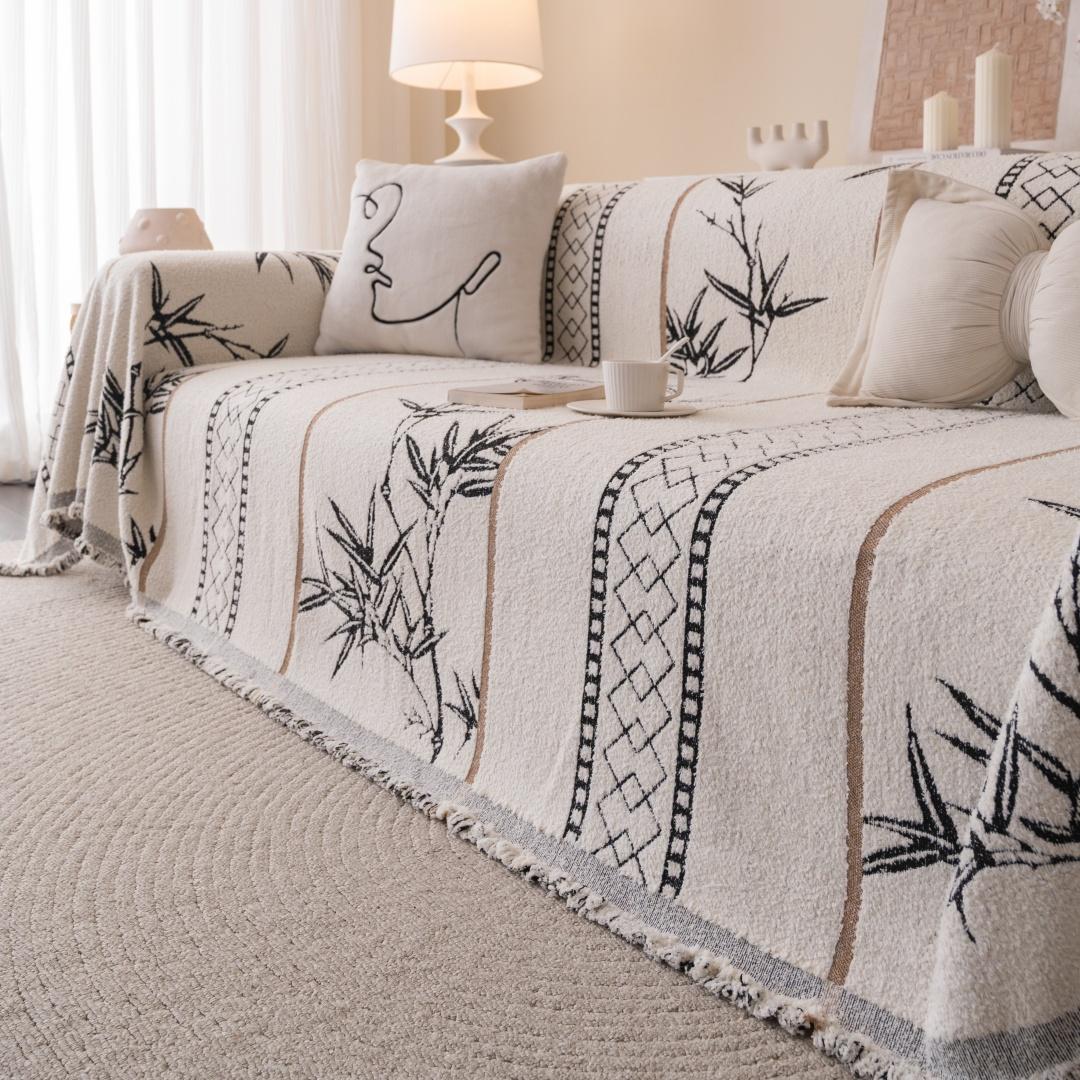 

1pc Bamboo Style Fluffy Warm Sofa Towel with Tassels, Sofa Cover Blanket for Living Room - Cozy Throw Blanket for Couches 180x90cm кремовый