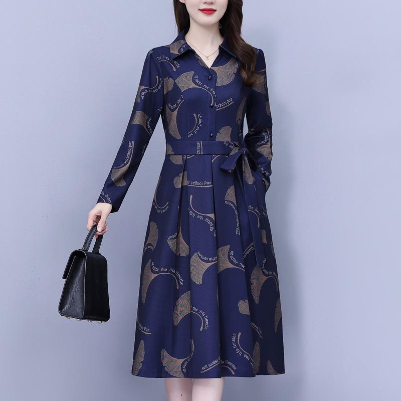 Elegant Floral Waist-Cinched Dress for Middle-Aged Women – Slimming Autumn/Winter Style