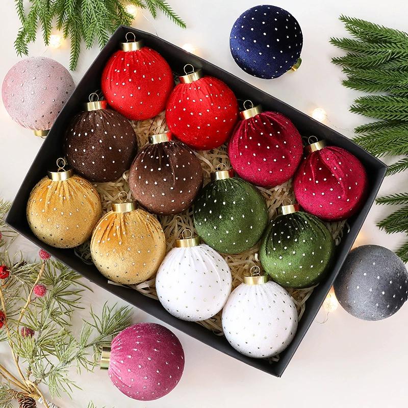 Christmas Tree Ornament 8cm 12 Velvet Christmas Balls Dot Wrap Cloth Ball Christmas Decorations Hanging Ornaments