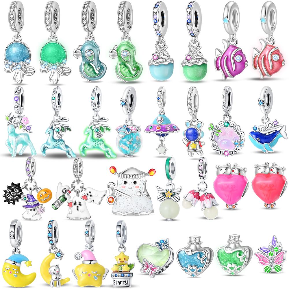 Charms New Copper Moon Bear Astronaut Colorful Luminous Series Beads Fit Pan Original Bracelets Diy Fine Jewelry