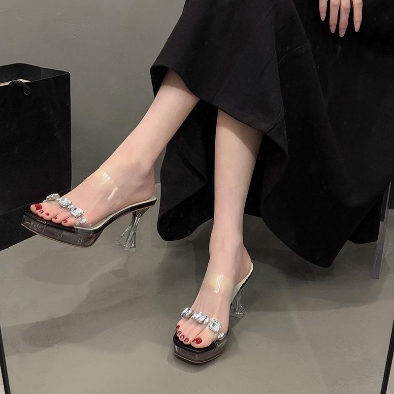 

Fashion Block Heel Rhinestone Sandals Summer New Square Toe Open Toe Platform Sheer Strap Crystal High Heel Slippers 39