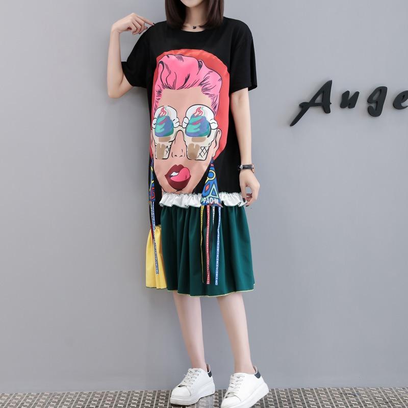 

Летние женские модные свободные удобные облегающие платья средней длины с цветными блоками и комбинированными футболками Large size XXXXL