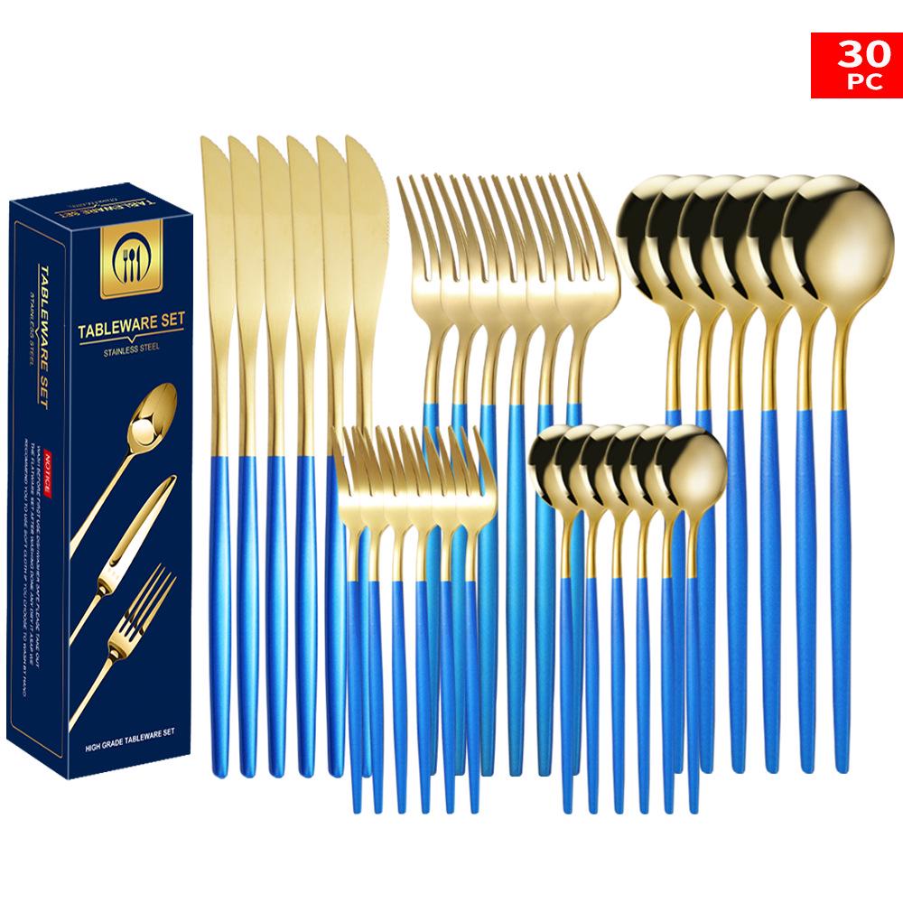 Set tacâmuri din oțel inoxidabil Portugal Gold, 24 de piese: Cuțit de Steak, Furculiță, Lingură de Hotel în Cutie Cadou