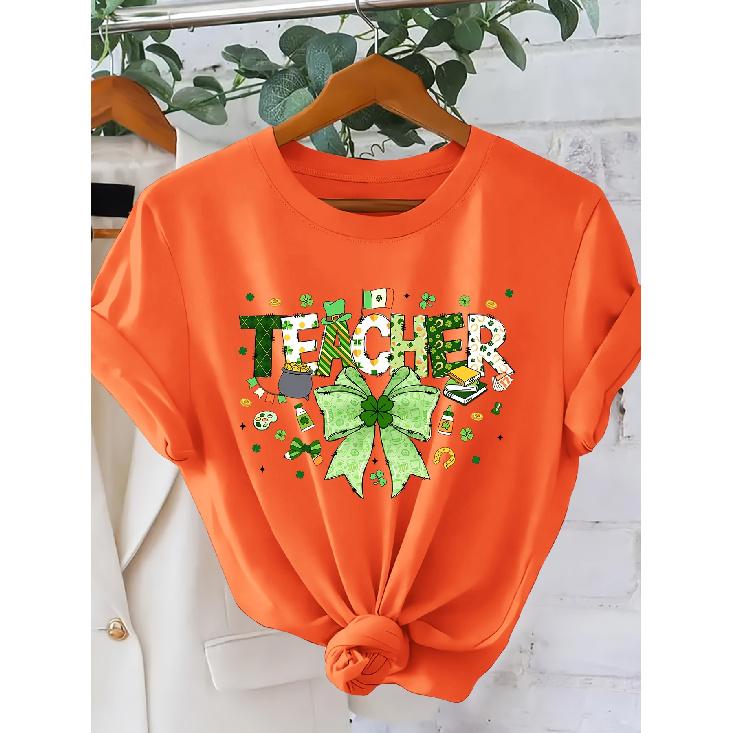 [One-way direction]Ladies TEACHER Letter-printed Fashion Retro-style Short Sleeves Spring and Summer Irish Culture St. Patrick's Day Versatile Items