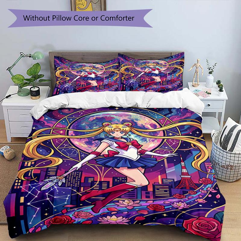 Zestaw 3 poszewek na kołdrę (1*Poszwa na kołdrę + 2*Poszewka na poduszkę, bez rdzenia), Pościel z nadrukiem Sailor Moon, Wystrój sypialni, Na każdą porę roku, Prezent urodzinowy
