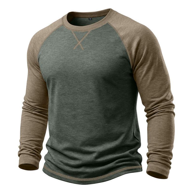Mens Long Sleeve Round Neck Basic Color Block T Shirt