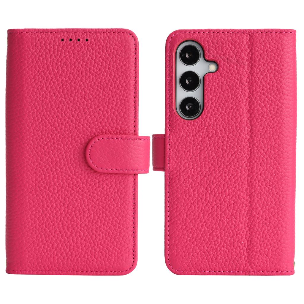 For Samsung Galaxy S25 Stand Case Litchi Texture Genuine Cow Leather Wallet Phone Cover RFID Blocking