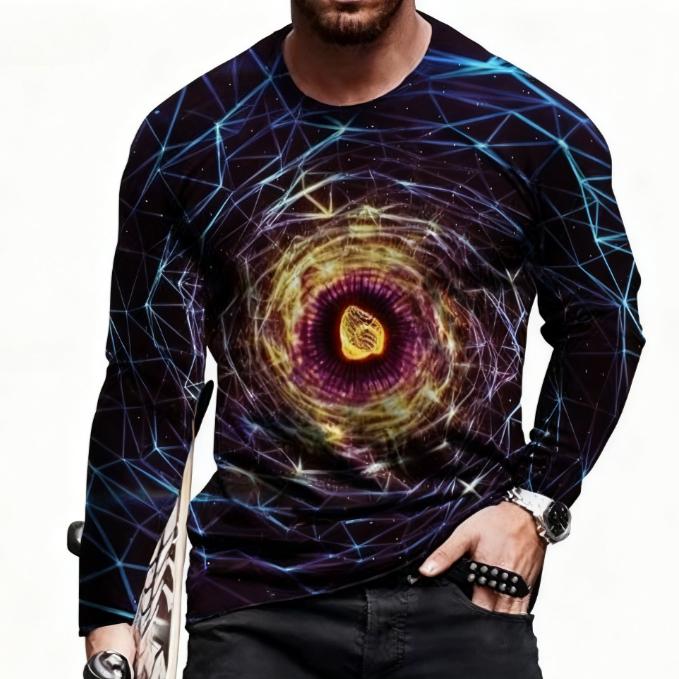 Spring and Autumn Round Neck 3D Abstract Art Printed Top Fashionable Casual Long Sleeved Men's T-shirts