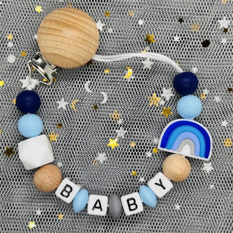 2024 Handmade Customized Name Beech Pacifier Clips Holder Chain Silicone Rainbow Pacifier Chain Baby Teether Teething Chain Gift