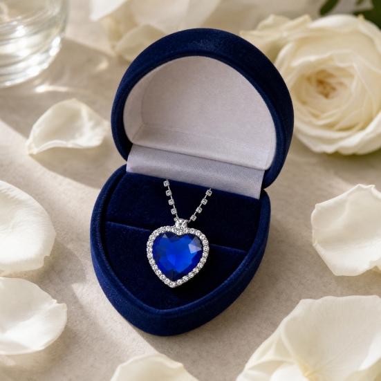 Collier Pendentif Cœur Bleu, Collier Cœur Fausse Pierre Diamant, Bijou Romantique Scintillant Cadeau pour Femme Épouse Petite Amie Accessoire de Soirée
