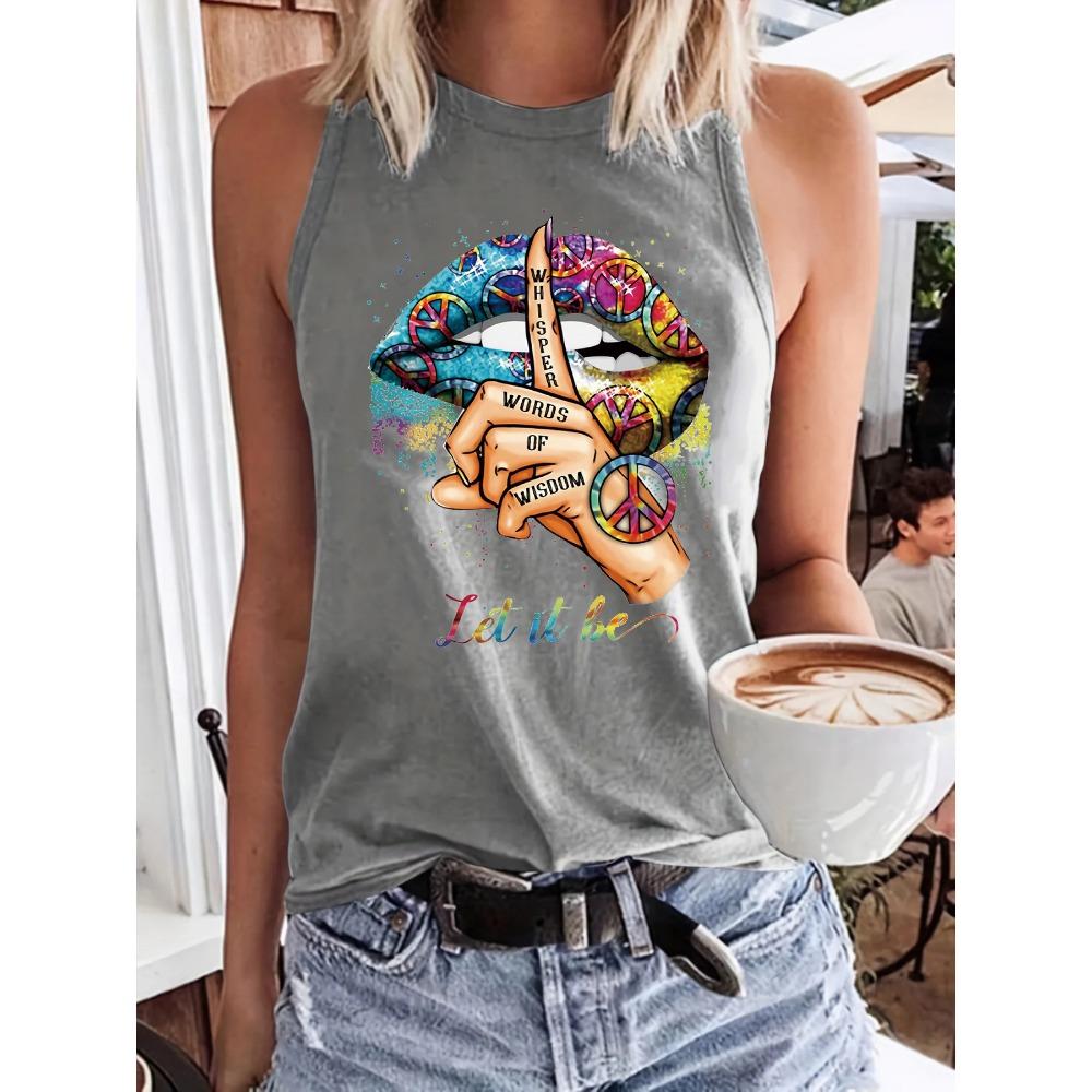 Summer Women's Colorful Lipprint Fingerprint Loose Size Round Neck Sleeveless Tank Top T-shirt