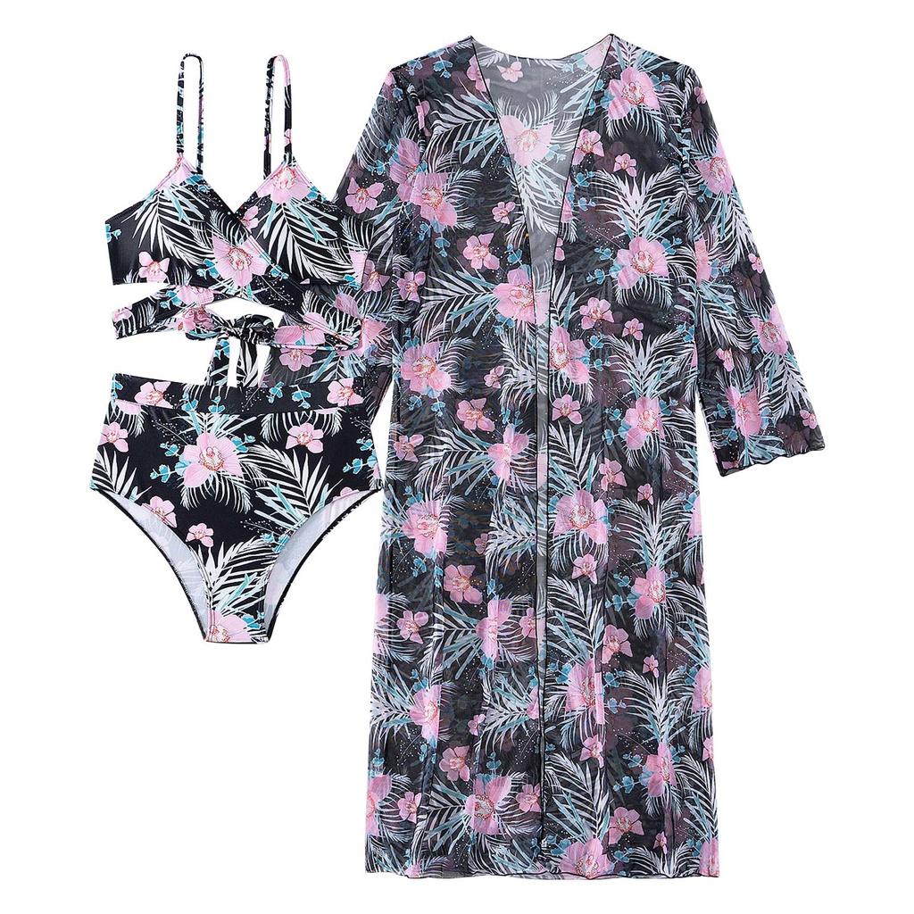 Damen-Badeanzug-Set mit sexy Split-Print und langem Rock (3 Sätze)