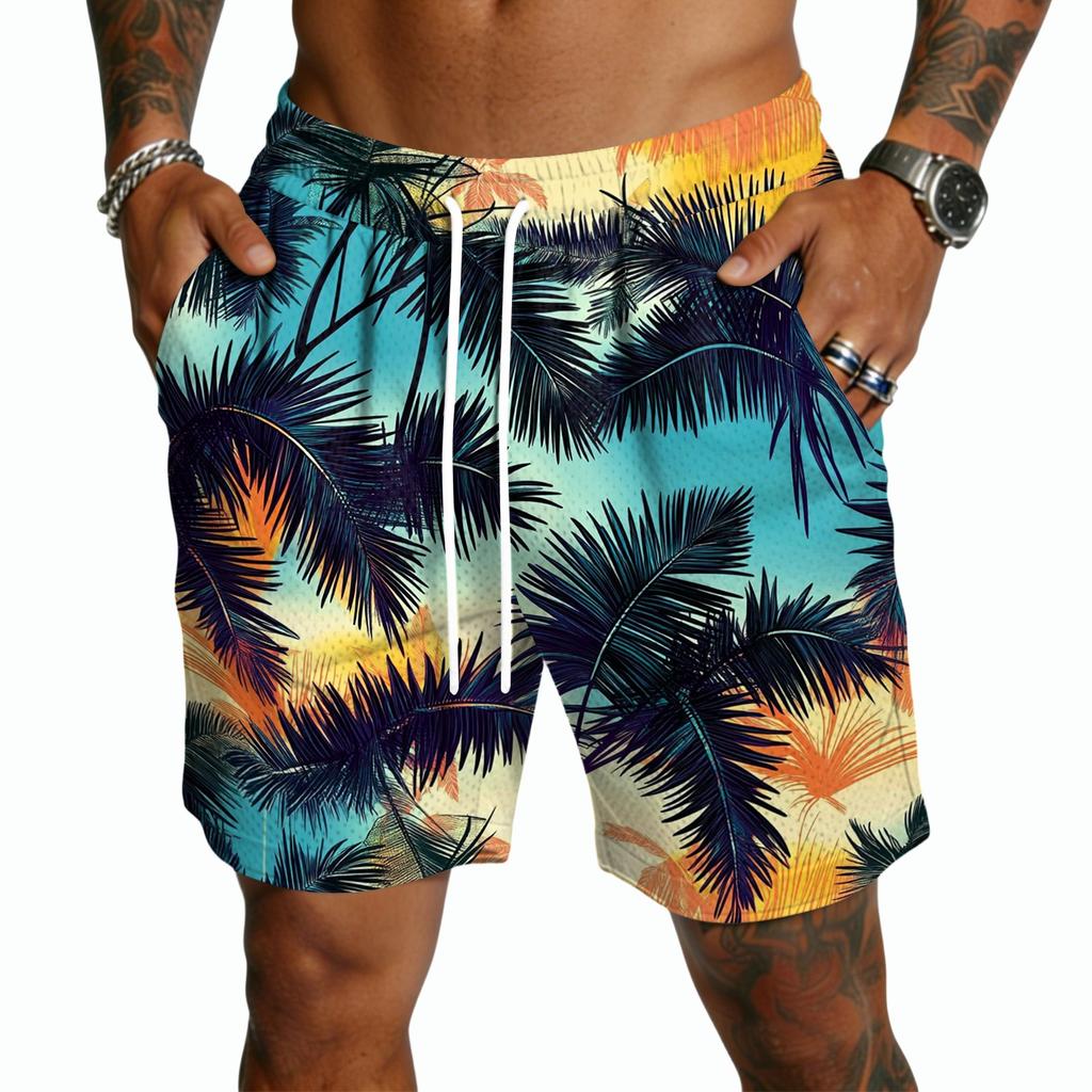 Men Drawstring Waist Casual Shorts Lightweight Quick Dry Five Inch Inseam Shorts with Hawaiian Print for Outdoor and Wear