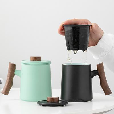 Ceramic Teacup Tea Separation Brewing Tea Personal Special Office Cup Water Cup Filtering Tea Drinking Cup Wooden Handle