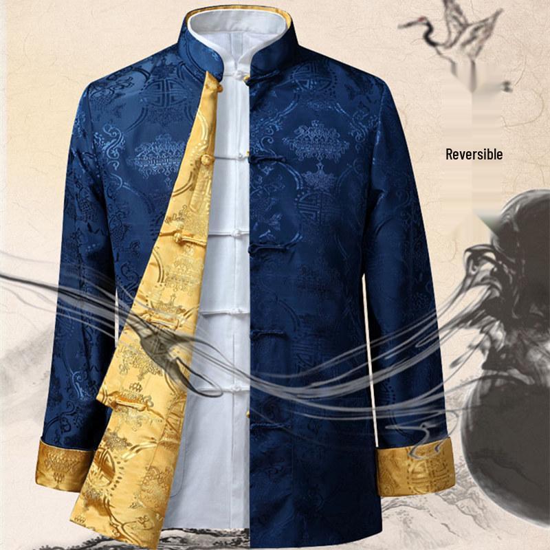 Men's Double-Sided Tang Suit Jacket – Spring/Autumn Ethnic Style with Frog Buttons and Stand Collar