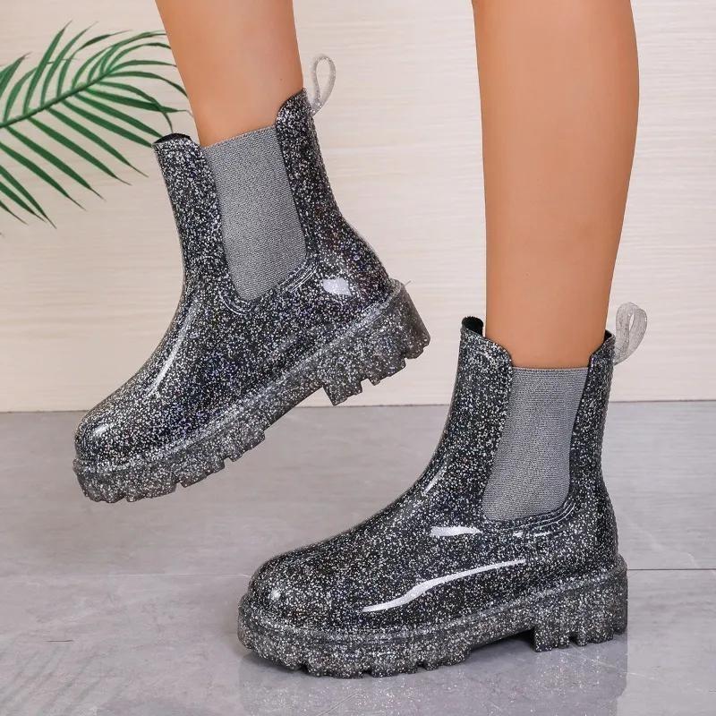 PU Ankle Modern Boots Hot Sale Square Heel Ladies Shoes Winter Slip-On Round Toe Mid Heel Splicing Sexy Women's Boots