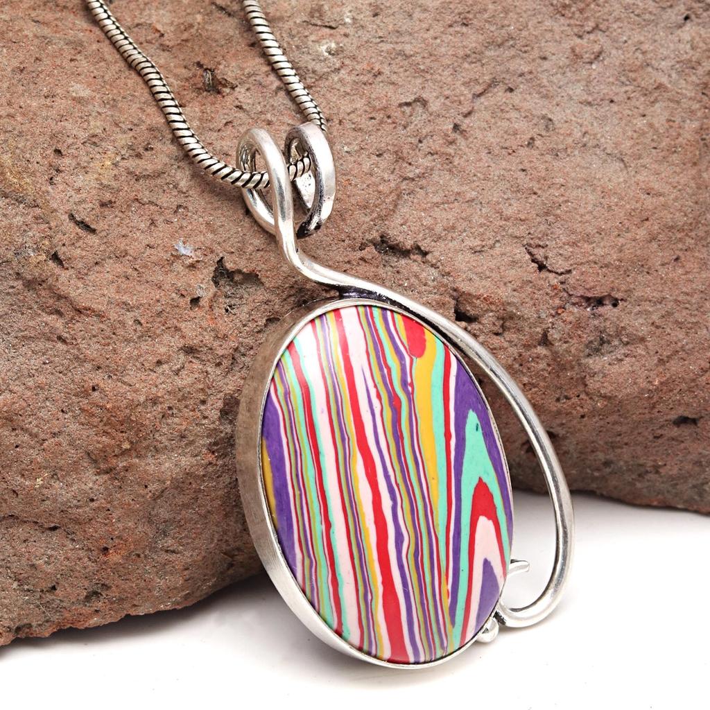 Pandantiv unisex din argint, lucrat manual, cu piatră prețioasă Calsilica curcubeu, pentru femei, 2