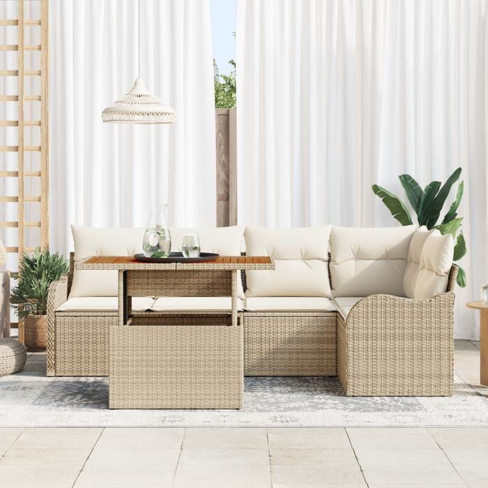 Ensemble de canapé de jardin 6 pièces avec coussins beige en poly rotin, Canapé de jardin 2 places avec coussins beige en 3349462