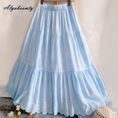 Chic della Prateria Primavera Estate Donna Gonna Midi Blu Vita Alta Svuotato Ricamo Gonna Elegante Femminile Cotone Dolci Gonne Donna