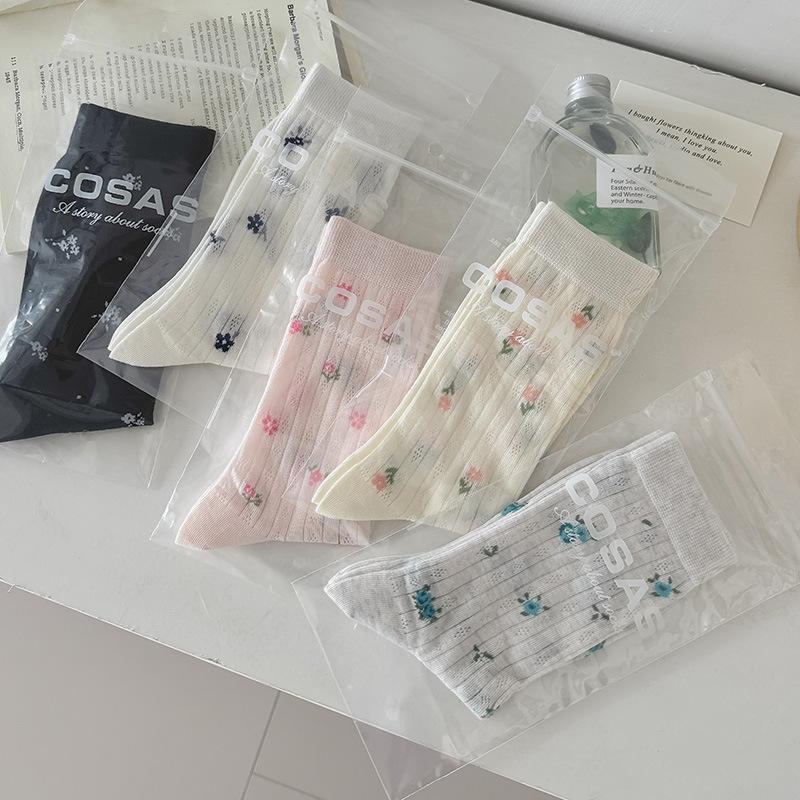 Sock Children's Summer Light Style Open Mesh Breathable Mid-calf Socks with Sweet Small Floral Patterns, Boneless Stockings