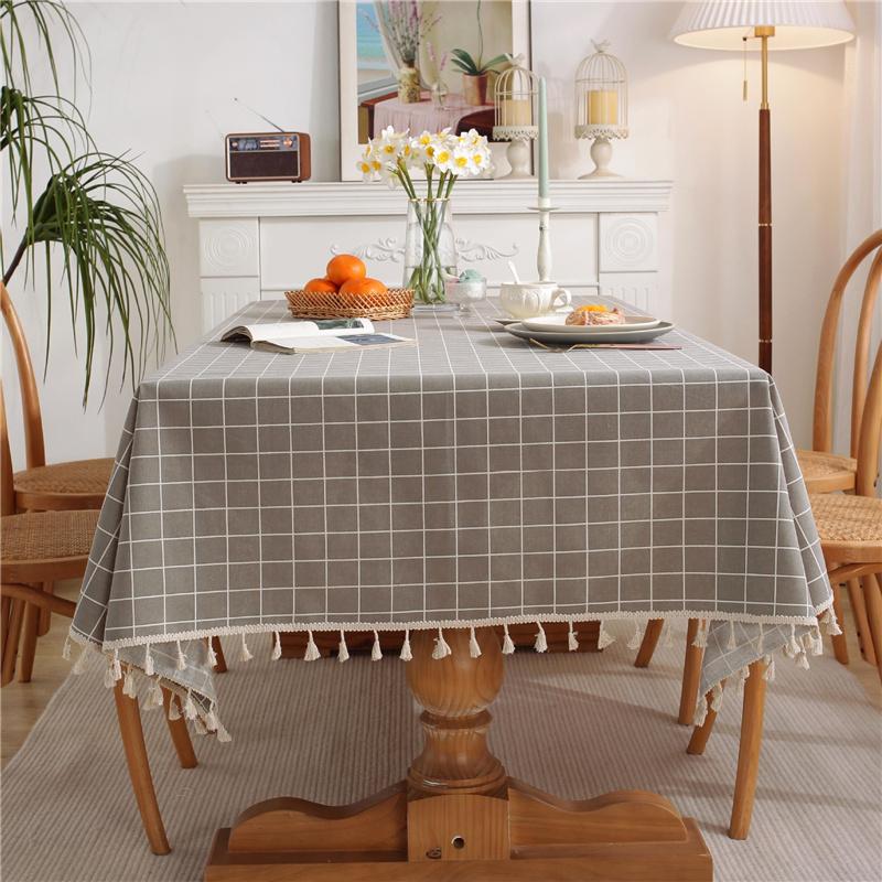Nappe de table rectangulaire brodée en coton et lin, style vintage, simple, avec pompons, décorations