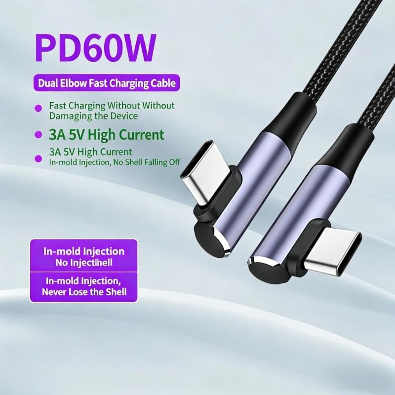 3A Fast Charging Braided Cable Right Angle USB C Cable Data Transfer Cord Suitable for Gaming and Quick Charging
