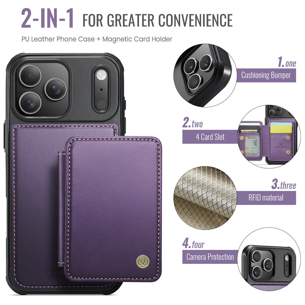 For iPhone 17 Pro Max Case JEEHOOD J05 Leather Mobile Cover with Detachable Magnetic Card Bag