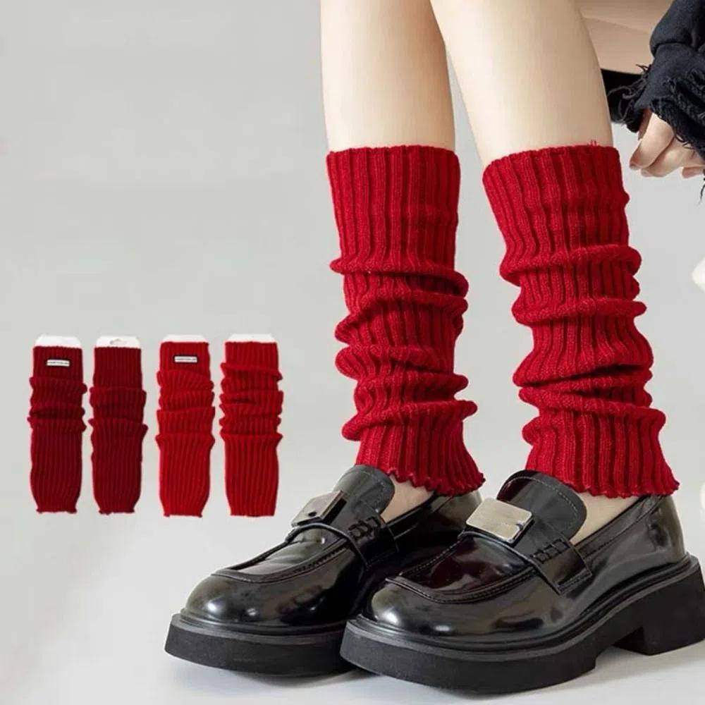 Red Color Leg Warmer Women Thicken Knitted Leg Covers Trendy Long Stockings Girls