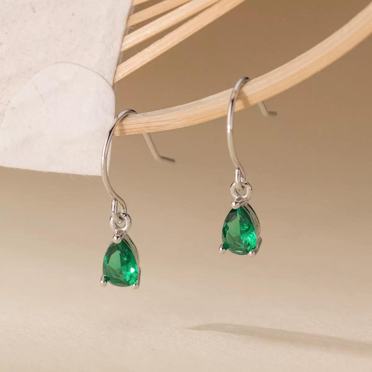 Beixi S925 Sterling Silver Handmade Retro Earrings with Emerald Zircon Water Drop Ear Hooks. 925 Sterling Silver