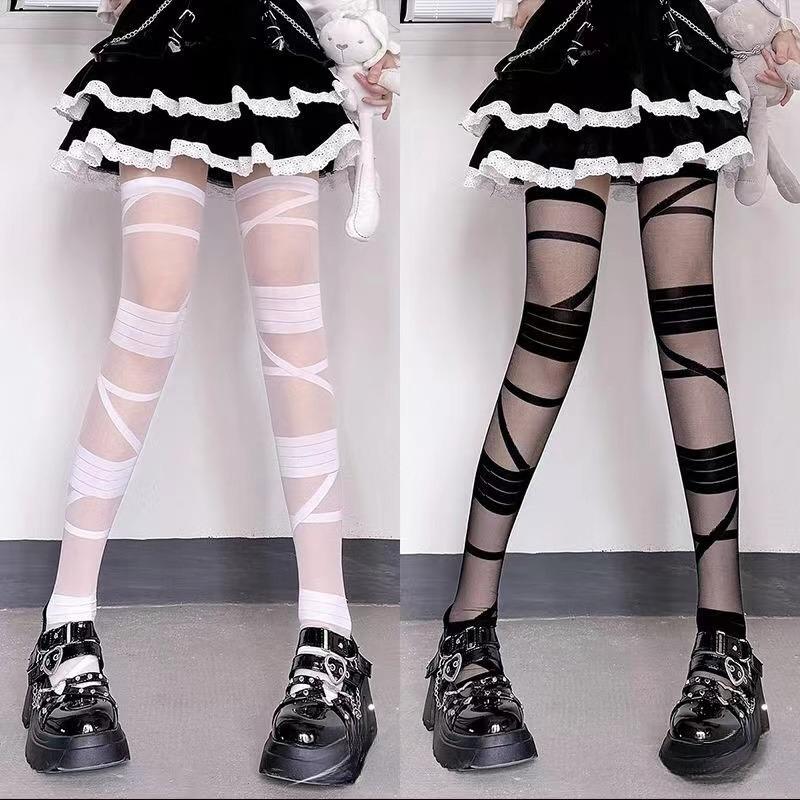 New Fashion Ultrathin Women Spicy Girl Bandage Stripe Long Sock Female Japanese Lolita Jk Sexy Summer Cross Tube White Stockings