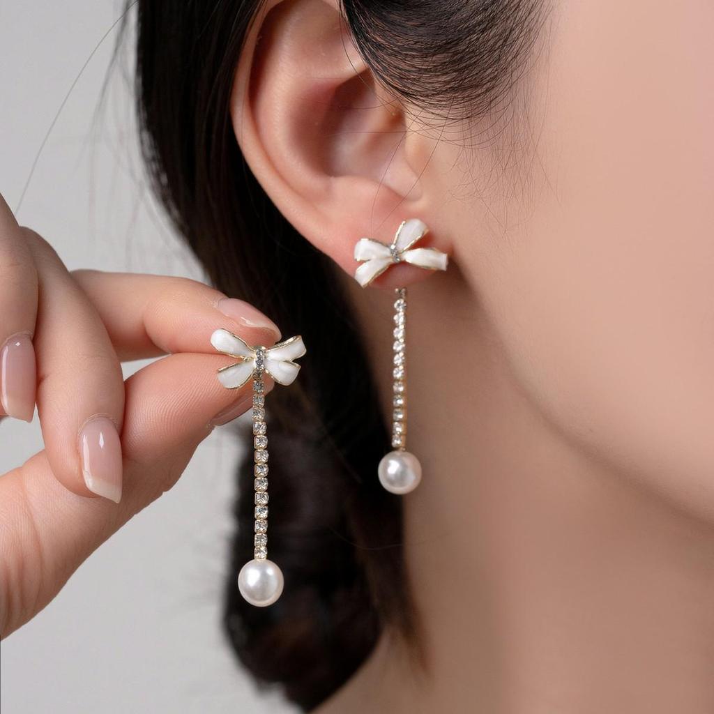 Retro Pearl Tassel Bow Stud Drop Earrings - Sweet, Versatile, Fashionable Accessories