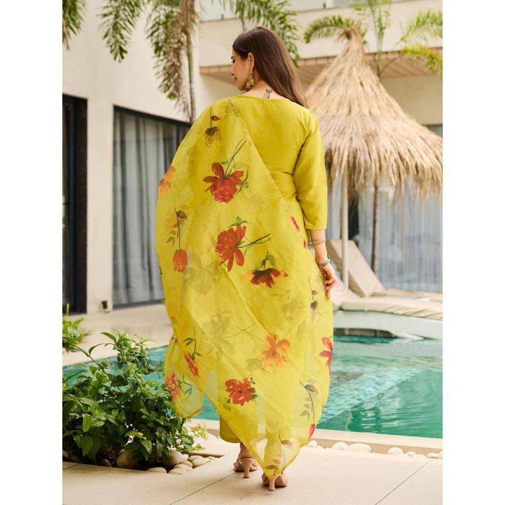 Women's Rayon Embroidered Straight Kurta with Pant And Dupatta Sets