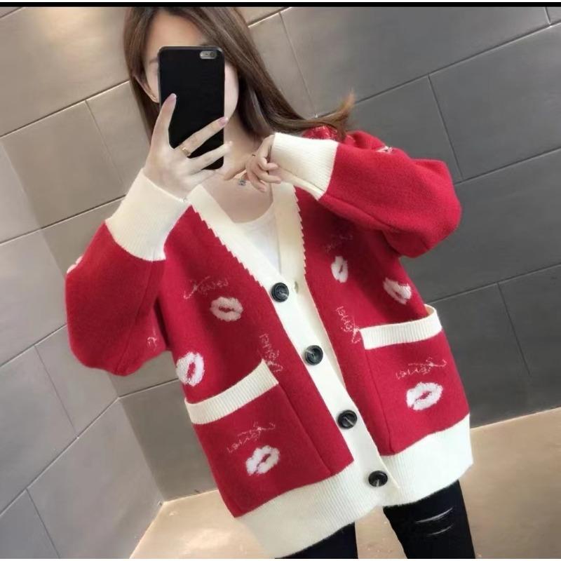 Sweater Jacket Women's Cardigan New Embroidered Lip Print Knitted Sweater Autumn and Winter Versatile Very Hot Top