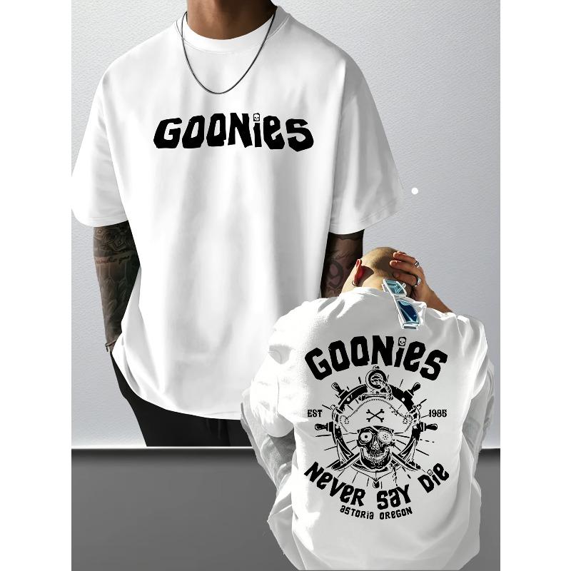 

European sizes Men s Fashion Crew Neck T-Shirt with GOONIES Print - Casual Summer Short Sleeve, Beige, for Casual Wear 4XL білий