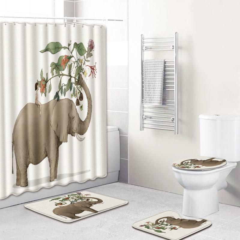 Elephant Lion Animal Shower Curtain Floor Mat Combination Set Toilet Carpet Shower Room Mat Foot Mat
