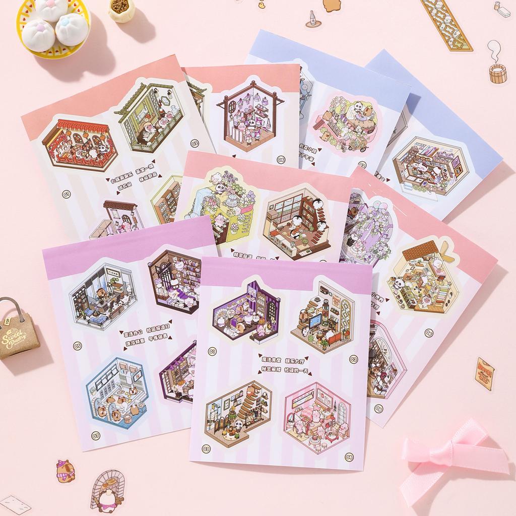 8 scenes in 1 Kawaii cartoon 2.5D miniature scene mini sticker book visual stacking and pasting DIY scrapbook deco sticker
