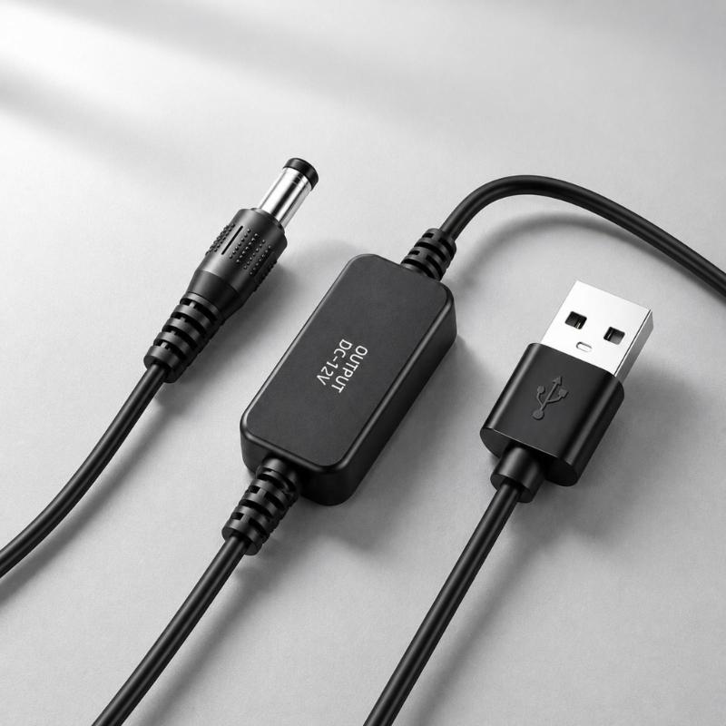 USB 5V to 12V DC5.5mm Connector Cable with Integrated Conversion Module for Compatible Low-Power Equipment and Backup Setups
