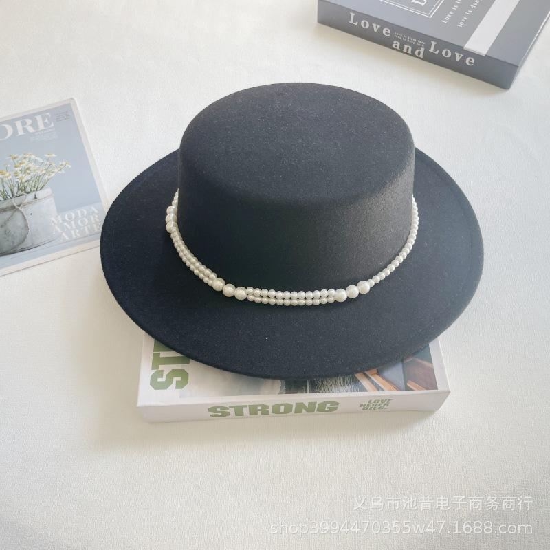 Pearl Chain Flat Top Top Hat Women's Autumn and Winter Warm Woolen Felt Hat Celebrity Retro British Small Fragrant Shopping Fashion Hat