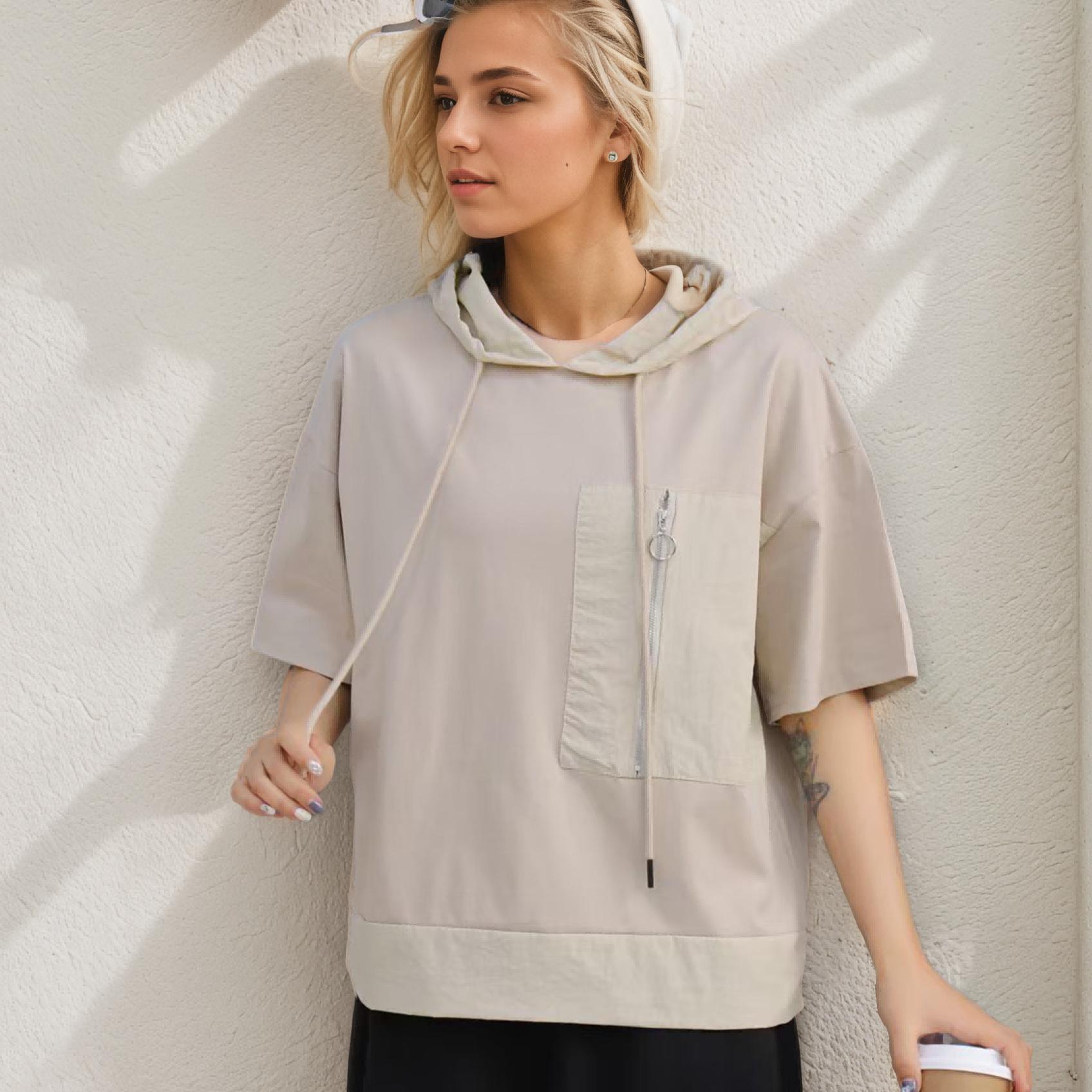 

DIMANAF 2025 Plus Size Pullover Hoodie Summer T Shirt Women Aymmetrical Solid Short Sleeve Loose Tees One Size